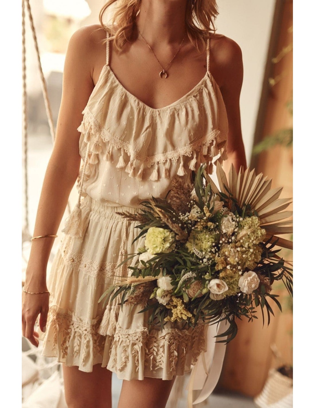 Boho blouse with tassels on straps, beige 4509 - Online store - Boutique